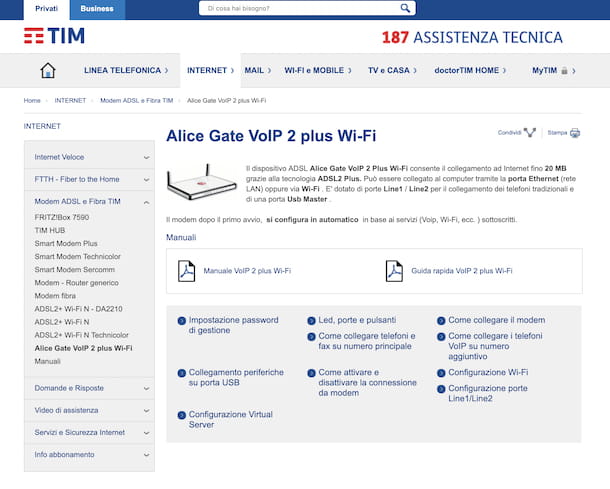 Sección del sitio web de TIM dedicada a la asistencia de módem