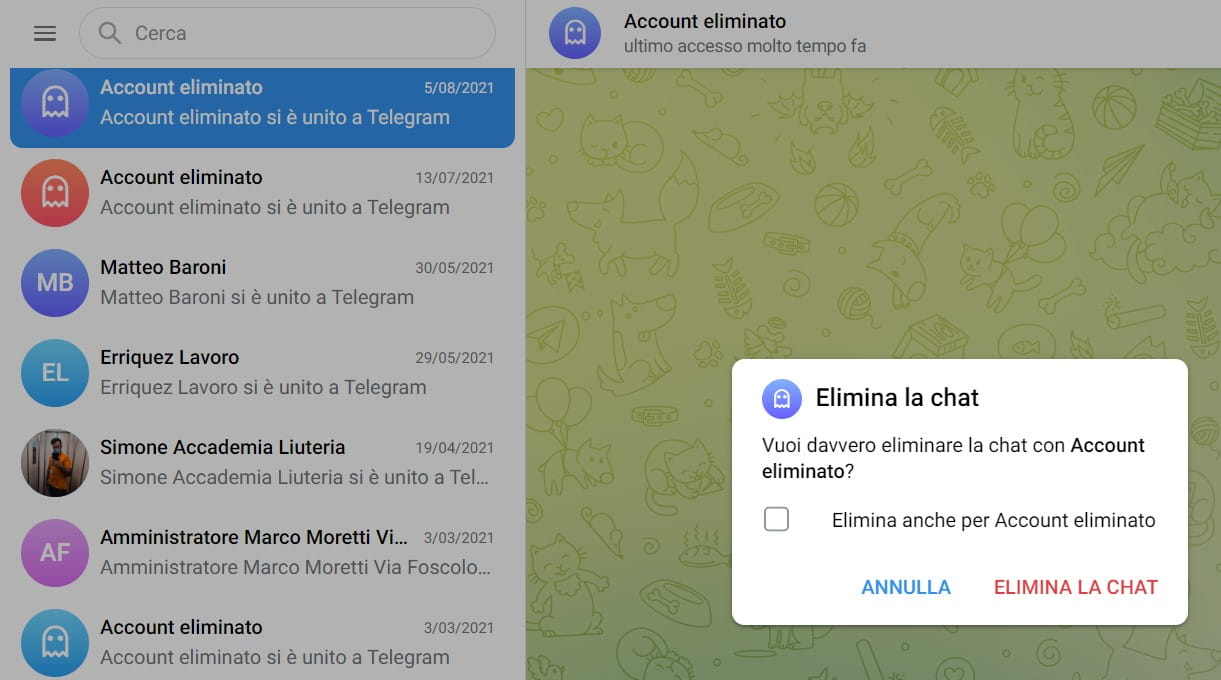 Eliminación de chat de la aplicación Telegram Desktop