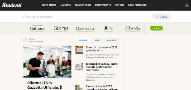 Página de inicio del sitio web Studenti.it