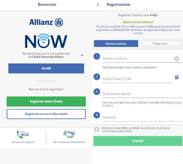 Pantalla de inicio de sesión de la aplicación Allianz Now