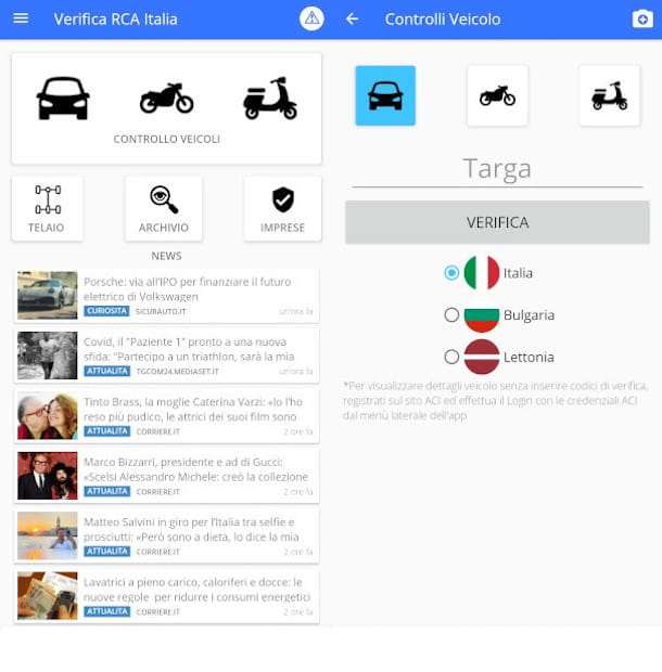 aplicación de pantallas de consulta de datos del vehículo Verificación RCA italiana
